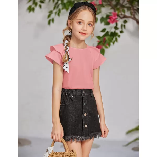 Girls T Shirts Ruffle Short Sleeve Round Neck Loose Blouse Summer Solid Color Casual Girl Tee Tops for 3-12 Years