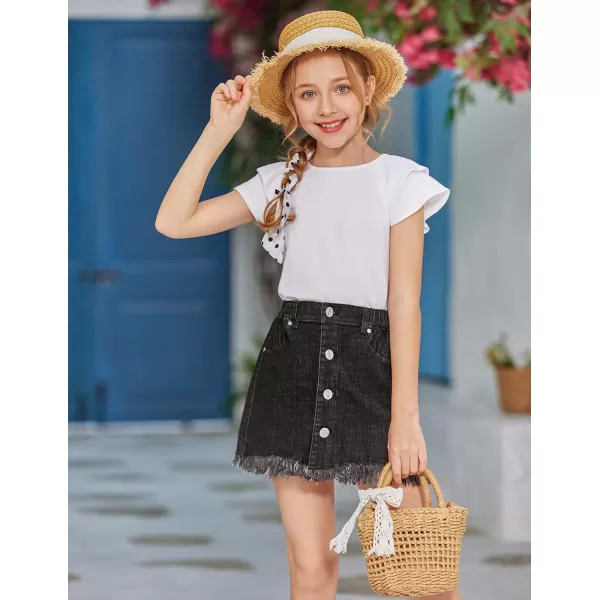 Girls T Shirts Ruffle Short Sleeve Round Neck Loose Blouse Summer Solid Color Casual Girl Tee Tops for 3-12 Years