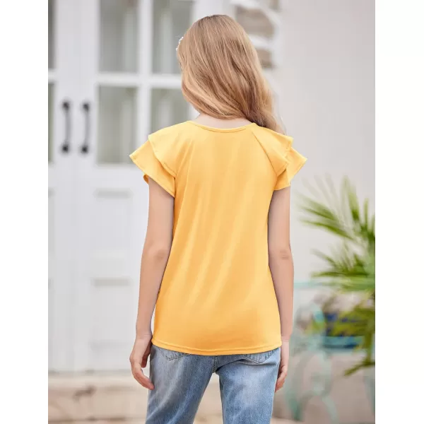 Girls T Shirts Ruffle Short Sleeve Round Neck Loose Blouse Summer Solid Color Casual Girl Tee Tops for 3-12 Years