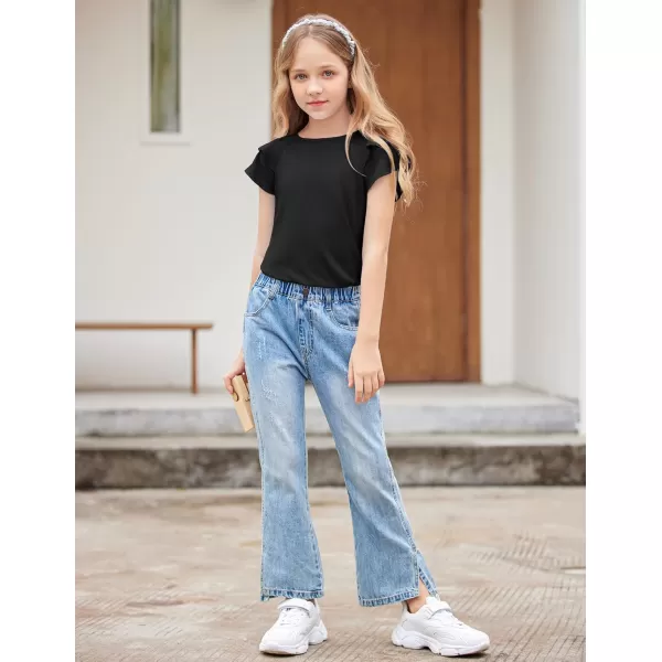 Girls T Shirts Ruffle Short Sleeve Round Neck Loose Blouse Summer Solid Color Casual Girl Tee Tops for 3-12 Years