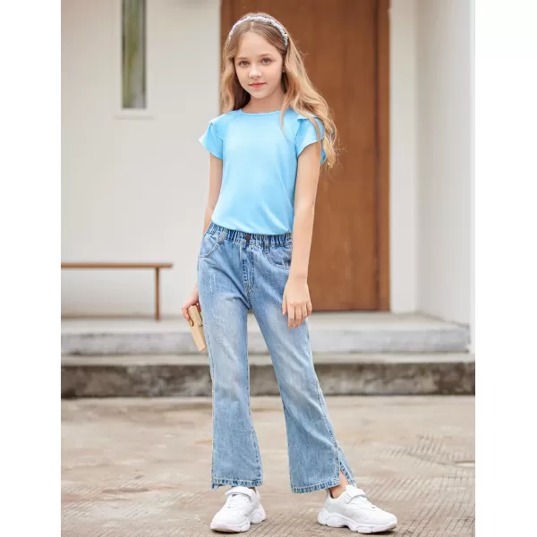 Girls T Shirts Ruffle Short Sleeve Round Neck Loose Blouse Summer Solid Color Casual Girl Tee Tops for 3-12 Years
