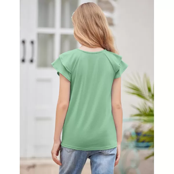 Girls T Shirts Ruffle Short Sleeve Round Neck Loose Blouse Summer Solid Color Casual Girl Tee Tops for 3-12 Years