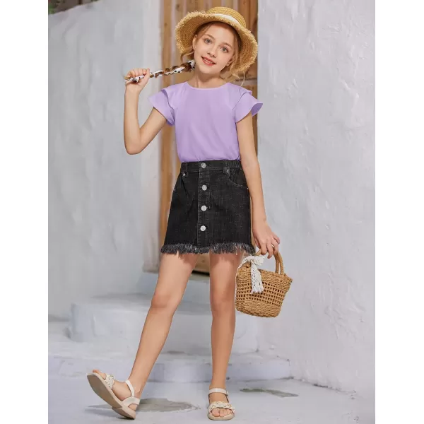 Girls T Shirts Ruffle Short Sleeve Round Neck Loose Blouse Summer Solid Color Casual Girl Tee Tops for 3-12 Years