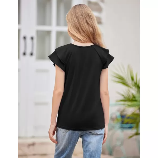 Girls T Shirts Ruffle Short Sleeve Round Neck Loose Blouse Summer Solid Color Casual Girl Tee Tops for 3-12 Years