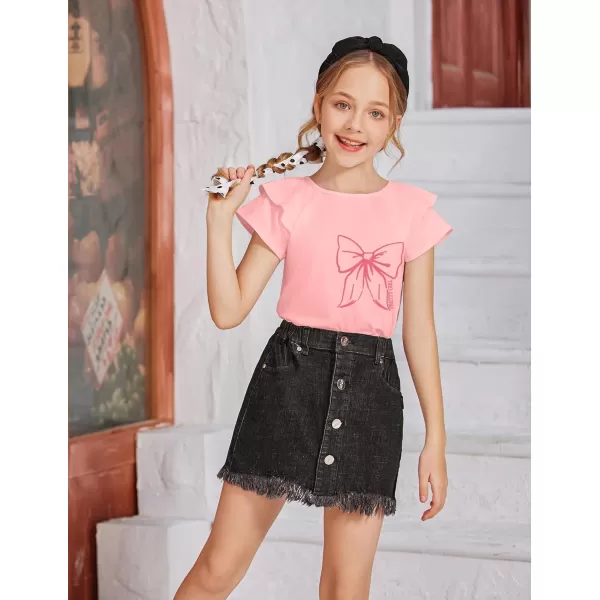 Girls T Shirts Ruffle Short Sleeve Round Neck Loose Blouse Summer Solid Color Casual Girl Tee Tops for 3-12 Years