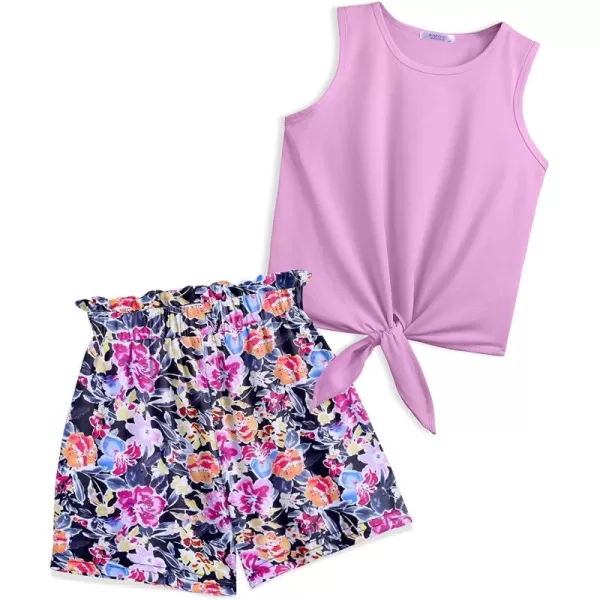 Arshiner Girl's 2 Piece Outfits Tie Knot Tank Top and Paperbag Waist Pocketed Summer Short Sets