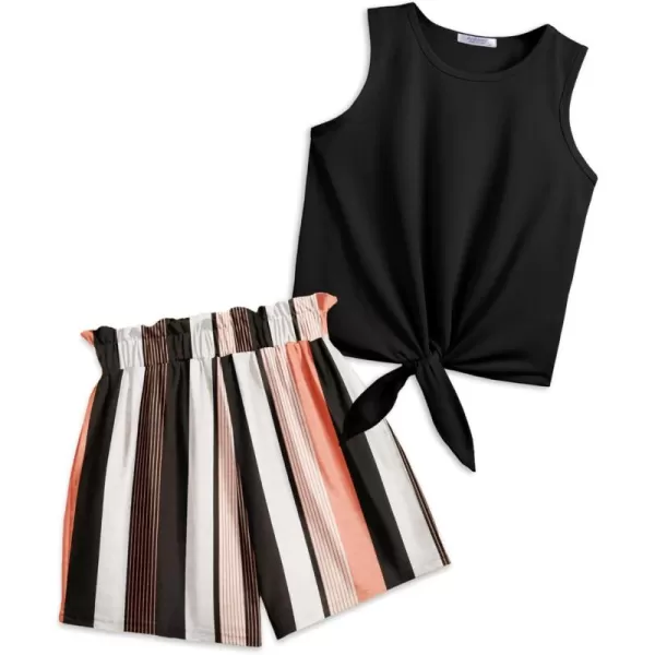 Arshiner Girl's 2 Piece Outfits Tie Knot Tank Top and Paperbag Waist Pocketed Summer Short Sets