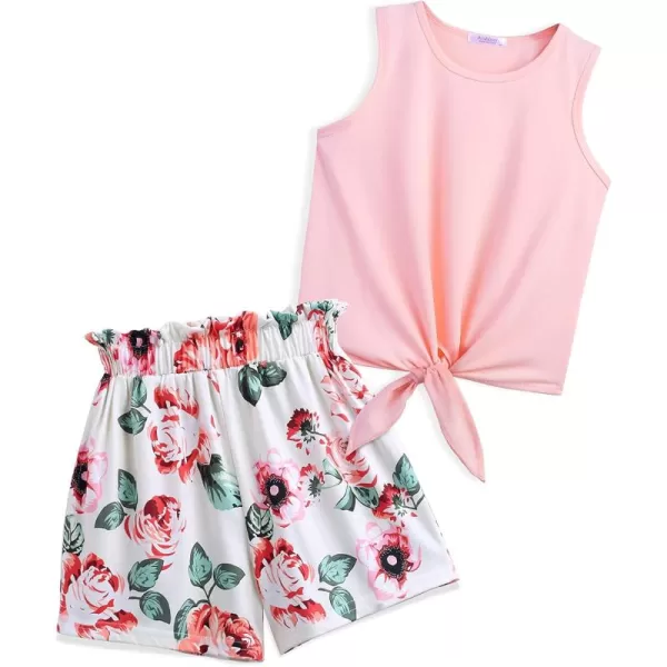 Arshiner Girl's 2 Piece Outfits Tie Knot Tank Top and Paperbag Waist Pocketed Summer Short Sets