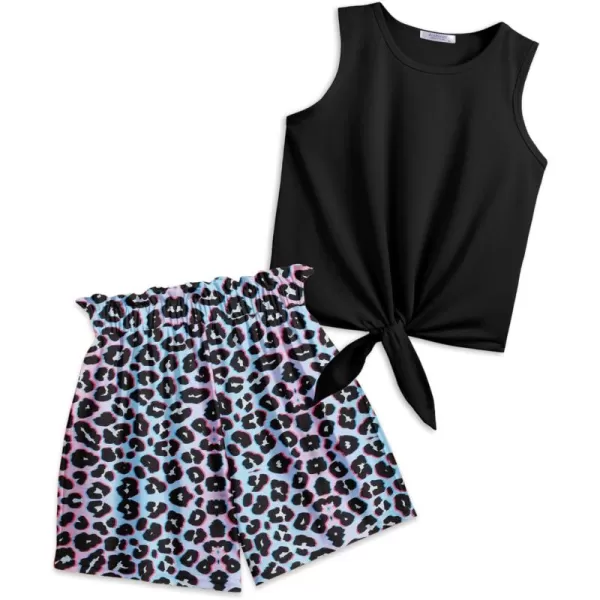 Arshiner Girl's 2 Piece Outfits Tie Knot Tank Top and Paperbag Waist Pocketed Summer Short Sets