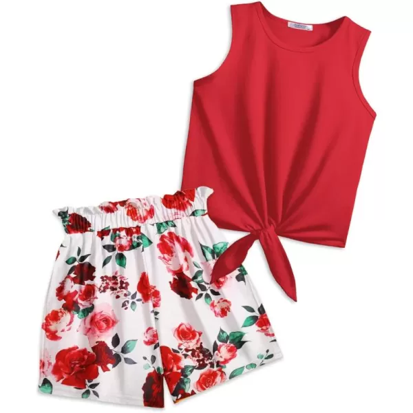 Arshiner Girl's 2 Piece Outfits Tie Knot Tank Top and Paperbag Waist Pocketed Summer Short Sets