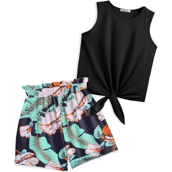 Arshiner Girl's 2 Piece Outfits Tie Knot Tank Top and Paperbag Waist Pocketed Summer Short Sets