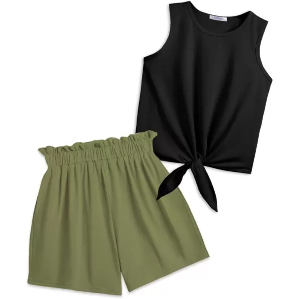 Arshiner Girl's 2 Piece Outfits Tie Knot Tank Top and Paperbag Waist Pocketed Summer Short Sets