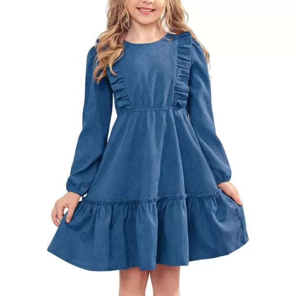 Arshiner Girls Dresses Casual A-line Ruffled Button Long Sleeve Corduroy Swing Dress