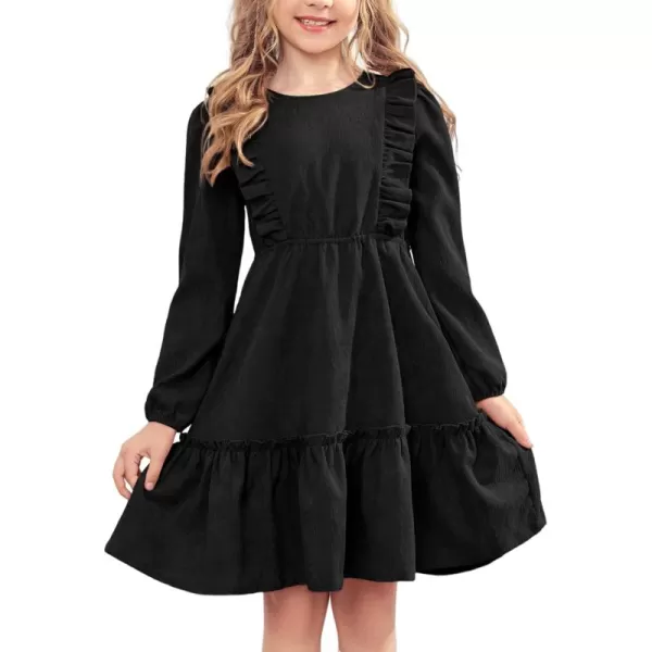 Arshiner Girls Dresses Casual A-line Ruffled Button Long Sleeve Corduroy Swing Dress