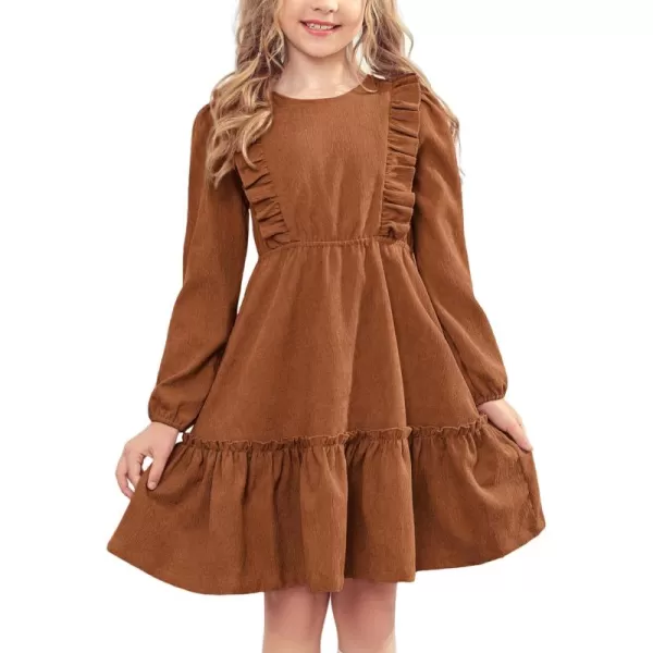 Arshiner Girls Dresses Casual A-line Ruffled Button Long Sleeve Corduroy Swing Dress