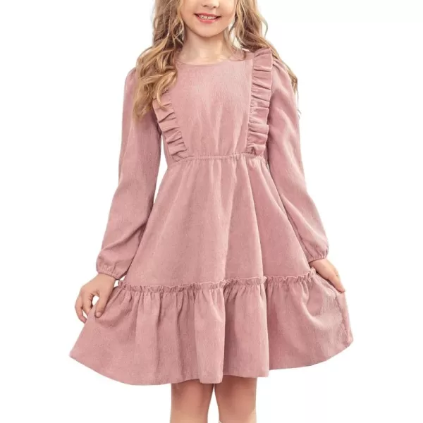 Arshiner Girls Dresses Casual A-line Ruffled Button Long Sleeve Corduroy Swing Dress