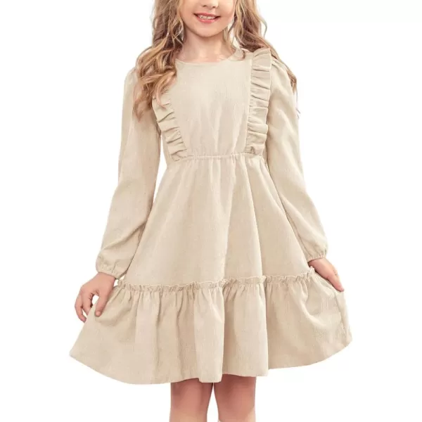 Arshiner Girls Dresses Casual A-line Ruffled Button Long Sleeve Corduroy Swing Dress