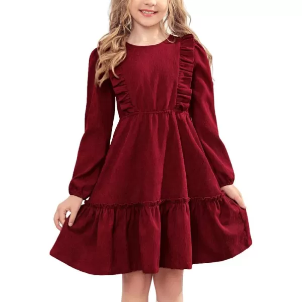 Arshiner Girls Dresses Casual A-line Ruffled Button Long Sleeve Corduroy Swing Dress