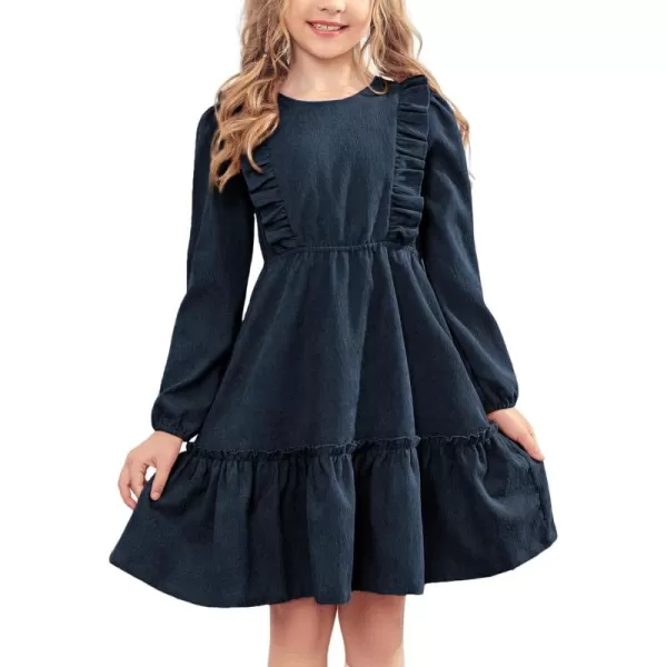 Arshiner Girls Dresses Casual A-line Ruffled Button Long Sleeve Corduroy Swing Dress