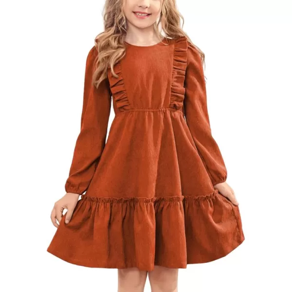 Arshiner Girls Dresses Casual A-line Ruffled Button Long Sleeve Corduroy Swing Dress