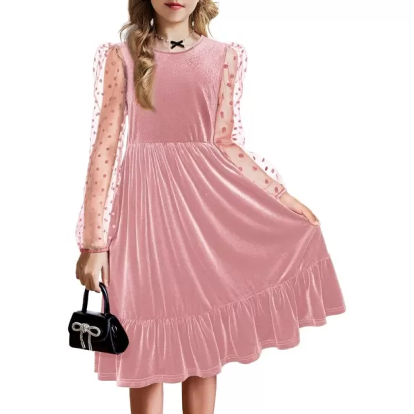 Arshiner Girls Dresses Contrast Mesh Velvet Long Sleeve A-Line Vintage Party Dress with Pockets