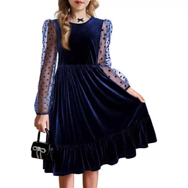 Arshiner Girls Dresses Contrast Mesh Velvet Long Sleeve A-Line Vintage Party Dress with Pockets