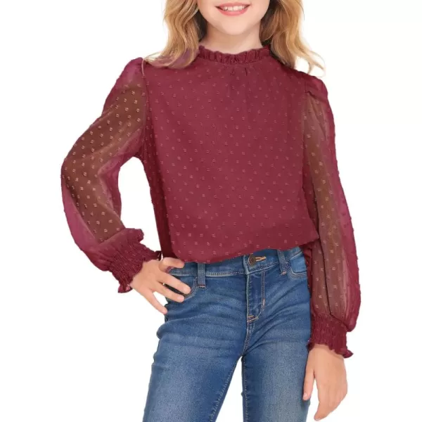 Arshiner Girls Long Sleeve Shirts Chiffon Blouses Swiss Dot Frill Neck Casual Loose Cute Top Tee
