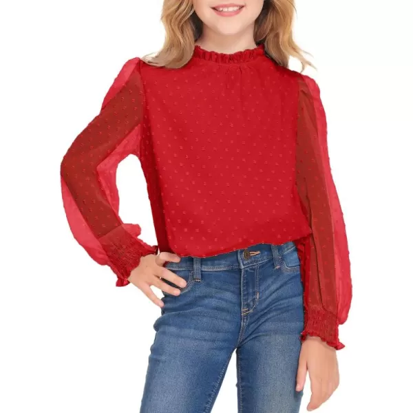 Arshiner Girls Long Sleeve Shirts Chiffon Blouses Swiss Dot Frill Neck Casual Loose Cute Top Tee