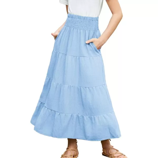 Arshiner Girls Maxi Skirt Summer Linen High Waist Tiered Boho Skirts with Pockets
