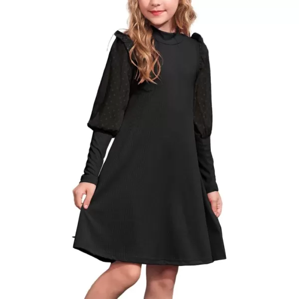 Arshiner Girl's Sheer Contrast Mesh Long Sleeve Stand Collar Casual Vintage Party Dress for 5-13 Years