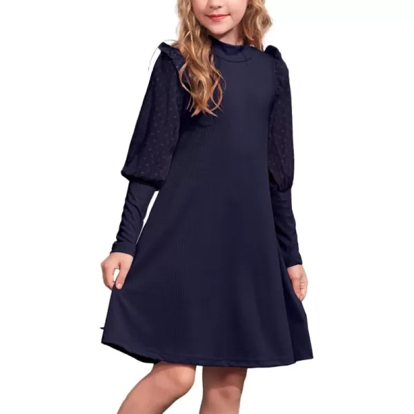 Arshiner Girl's Sheer Contrast Mesh Long Sleeve Stand Collar Casual Vintage Party Dress for 5-13 Years
