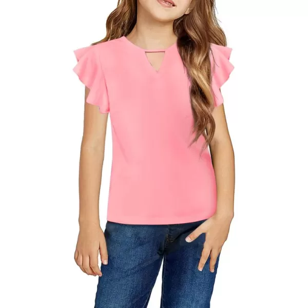 Arshiner Girls Shirts Short Sleeve Tee Ruffle Solid Summer Keyhole Neck Cotton Blouse Tops