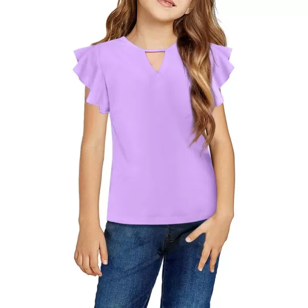 Arshiner Girls Shirts Short Sleeve Tee Ruffle Solid Summer Keyhole Neck Cotton Blouse Tops