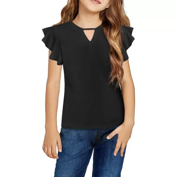 Arshiner Girls Shirts Short Sleeve Tee Ruffle Solid Summer Keyhole Neck Cotton Blouse Tops