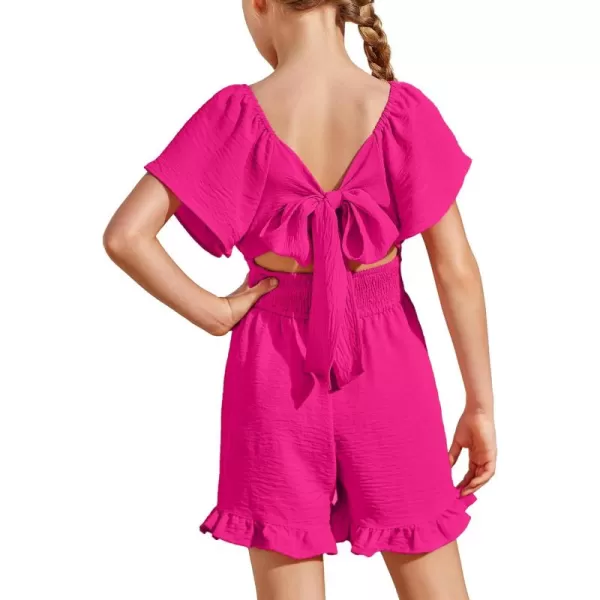 Arshiner Girls Summer Jumpsuits Tie Back Off Shoulder Short Sleeve One Piece Rompers Ruffle Smocked Casual Shorts Outfits