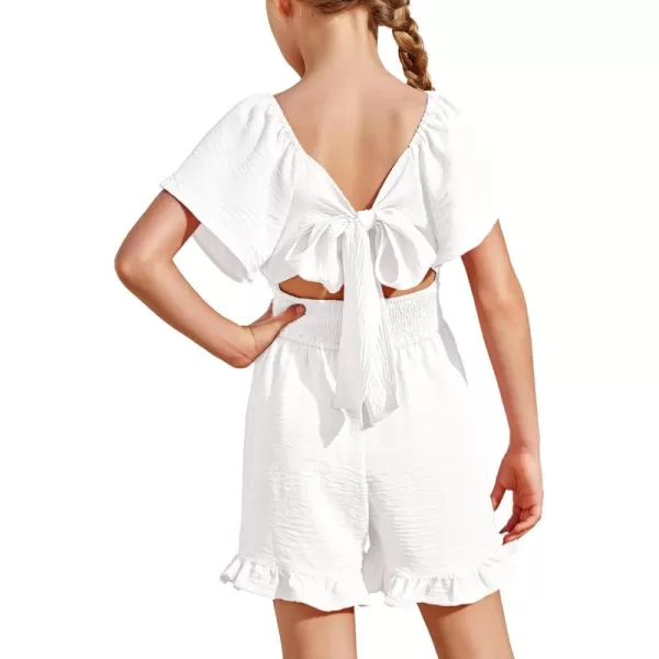 Arshiner Girls Summer Jumpsuits Tie Back Off Shoulder Short Sleeve One Piece Rompers Ruffle Smocked Casual Shorts Outfits