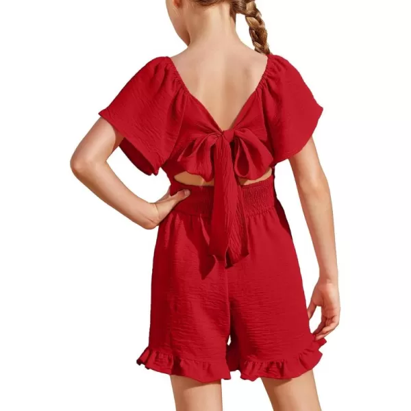 Arshiner Girls Summer Jumpsuits Tie Back Off Shoulder Short Sleeve One Piece Rompers Ruffle Smocked Casual Shorts Outfits