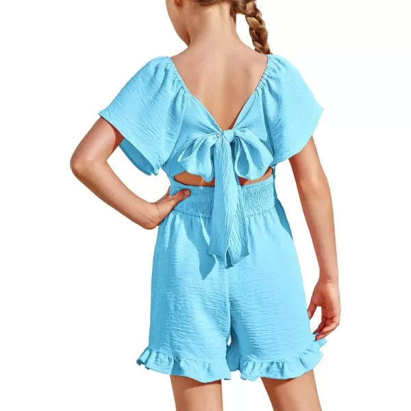 Arshiner Girls Summer Jumpsuits Tie Back Off Shoulder Short Sleeve One Piece Rompers Ruffle Smocked Casual Shorts Outfits