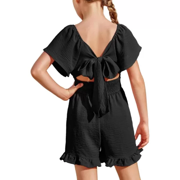 Arshiner Girls Summer Jumpsuits Tie Back Off Shoulder Short Sleeve One Piece Rompers Ruffle Smocked Casual Shorts Outfits
