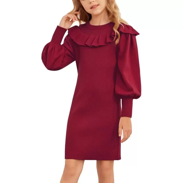 Arshiner Girls Sweater Dress Crew Neck Knit Puff Long Sleeves Ruffles Fall Winter Jumper Pullover Dresses for 5-14 Years