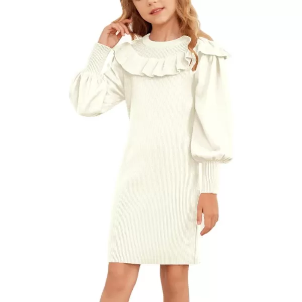 Arshiner Girls Sweater Dress Crew Neck Knit Puff Long Sleeves Ruffles Fall Winter Jumper Pullover Dresses for 5-14 Years