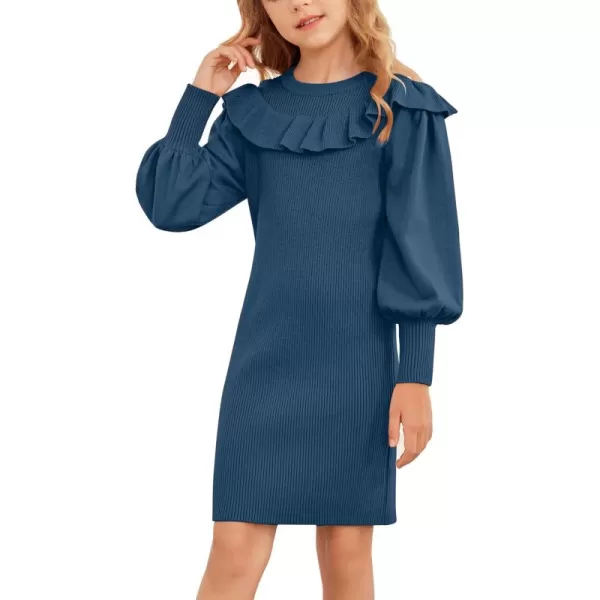 Arshiner Girls Sweater Dress Crew Neck Knit Puff Long Sleeves Ruffles Fall Winter Jumper Pullover Dresses for 5-14 Years
