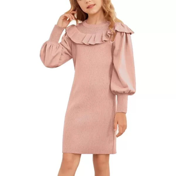 Arshiner Girls Sweater Dress Crew Neck Knit Puff Long Sleeves Ruffles Fall Winter Jumper Pullover Dresses for 5-14 Years