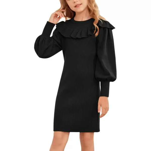 Arshiner Girls Sweater Dress Crew Neck Knit Puff Long Sleeves Ruffles Fall Winter Jumper Pullover Dresses for 5-14 Years