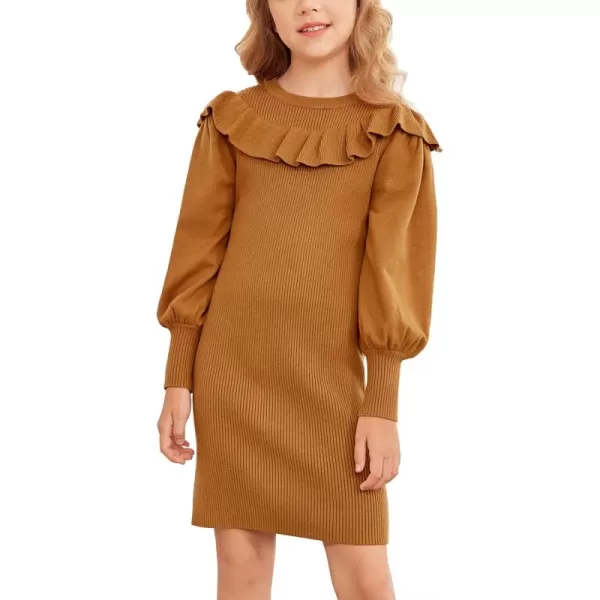 Arshiner Girls Sweater Dress Crew Neck Knit Puff Long Sleeves Ruffles Fall Winter Jumper Pullover Dresses for 5-14 Years