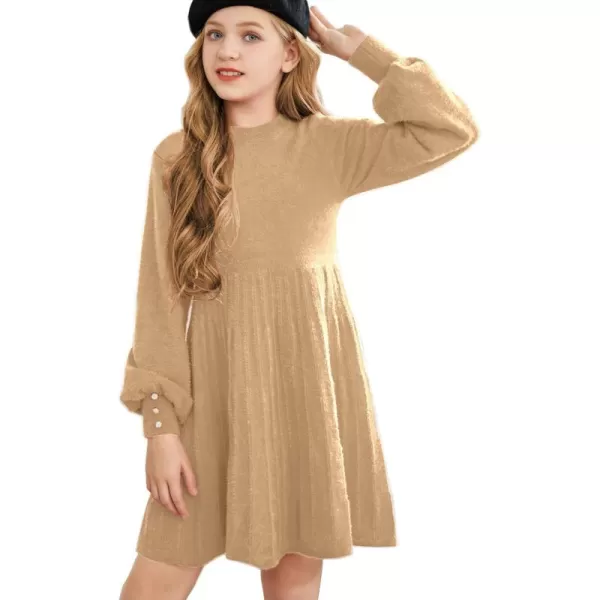 Arshiner Girls Sweater Dress Knit Crew Neck Lantern Sleeve Solid Twirl Dresses