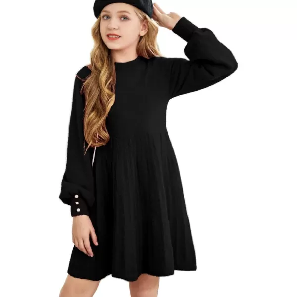 Arshiner Girls Sweater Dress Knit Crew Neck Lantern Sleeve Solid Twirl Dresses