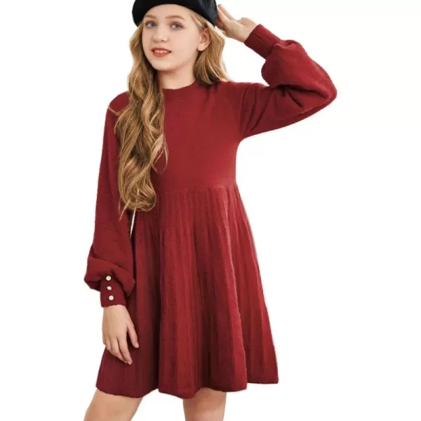 Arshiner Girls Sweater Dress Knit Crew Neck Lantern Sleeve Solid Twirl Dresses