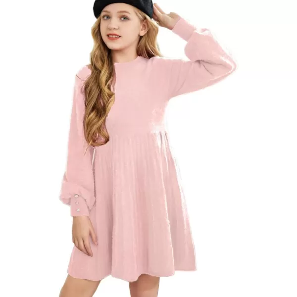 Arshiner Girls Sweater Dress Knit Crew Neck Lantern Sleeve Solid Twirl Dresses