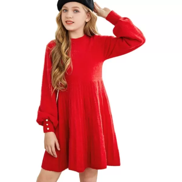 Arshiner Girls Sweater Dress Knit Crew Neck Lantern Sleeve Solid Twirl Dresses